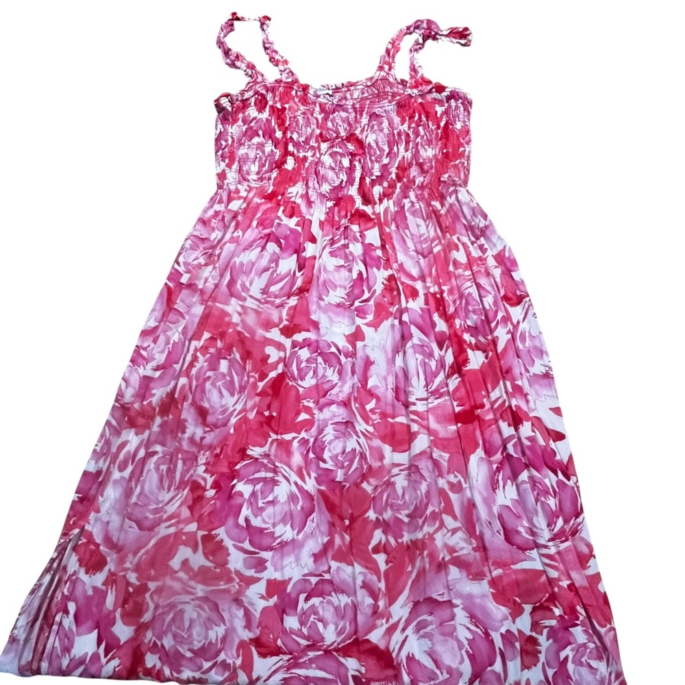 Calvin Klein Womens Pink Floral Smocked Midi Dress Size 14 Sleeveless Rose Print